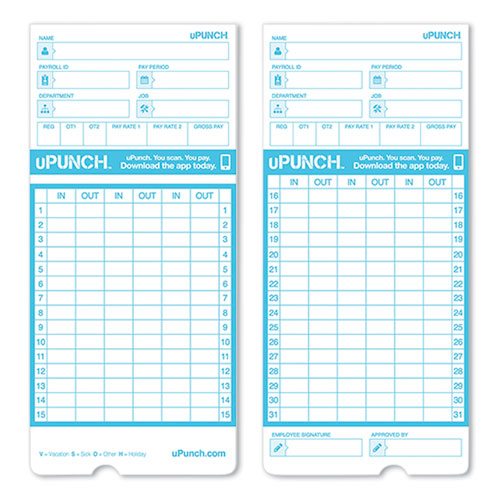 Image of uPunch Pay-to-Punch Time Card for SB1200 Time Clock, Two Sides, 3.38 x 7.38, 100/Pack