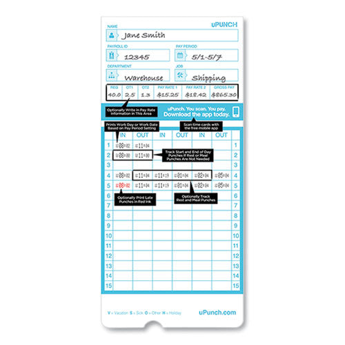 Image of uPunch Pay-to-Punch Time Card for SB1200 Time Clock, Two Sides, 3.38 x 7.38, 100/Pack