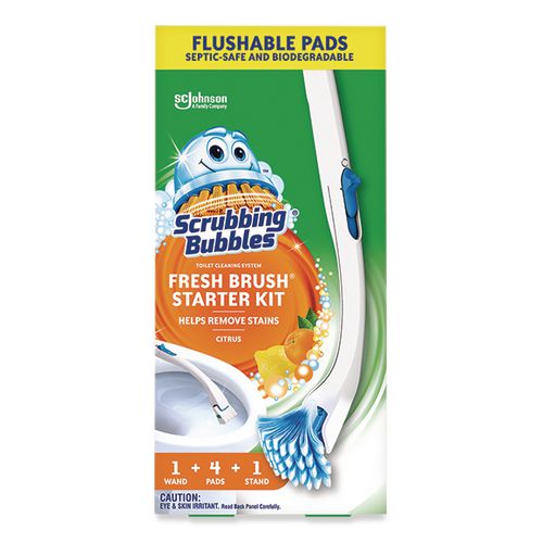 Image of Scrubbing Bubbles® Fresh Brush Toilet Cleaning System Starter Kit, 19" Wand, 4 Pads, Stand