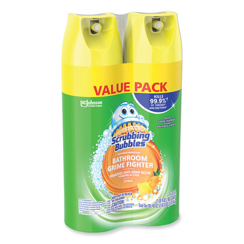 Image of Scrubbing Bubbles® Bathroom Disinfectant Grime Fighter Aerosol, Citrus Scent, 20 oz Aerosol Can, 2/Pack