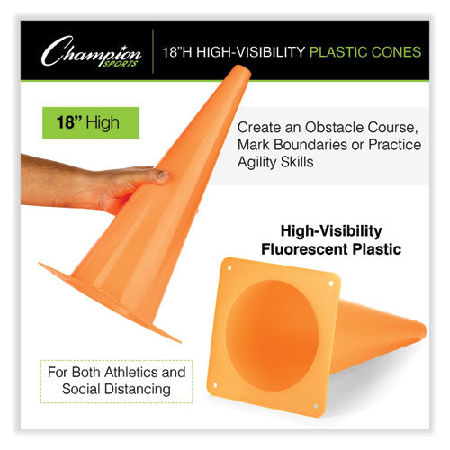 Image of Champion Sports High-Visibility Plastic Cones, 18" Tall, Florescent Orange, 8" x 8" Base