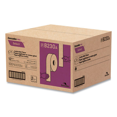 Image of Cascades PRO Select Jumbo Bath Tissue, Septic Safe, 2-Ply, White, 3.3" x 750 ft, 12/Carton