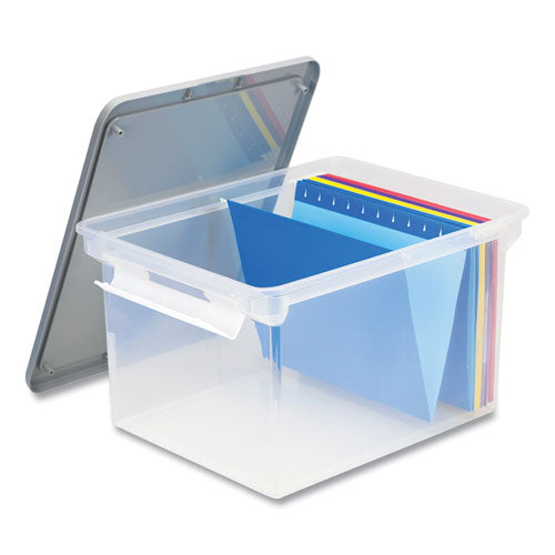 Image of Storex Tote with Locking Handles, Legal/Letter, 13.9" x 18.3" x 10.6", Clear/Silver, 4/Carton