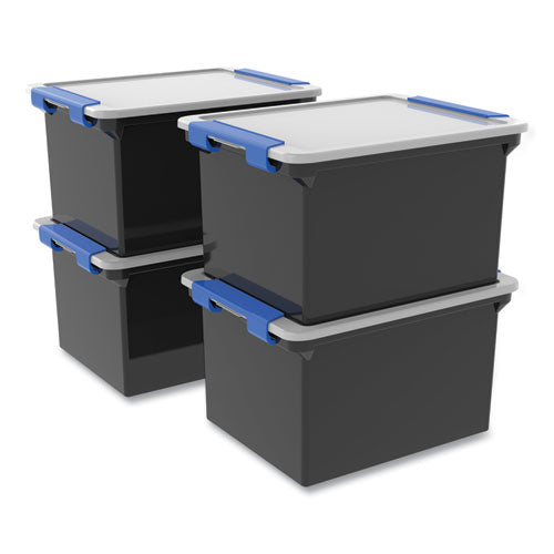 Image of Storex Tote with Locking Handles, Legal/Letter, 13.9" x 18.3 x 10.6", Black/Silver/Blue, 4/Carton