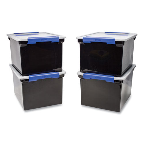 Image of Storex Tote with Locking Handles, Legal/Letter, 13.9" x 18.3 x 10.6", Black/Silver/Blue, 4/Carton