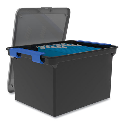 Image of Storex Tote with Locking Handles, Legal/Letter, 13.9" x 18.3 x 10.6", Black/Silver/Blue, 4/Carton