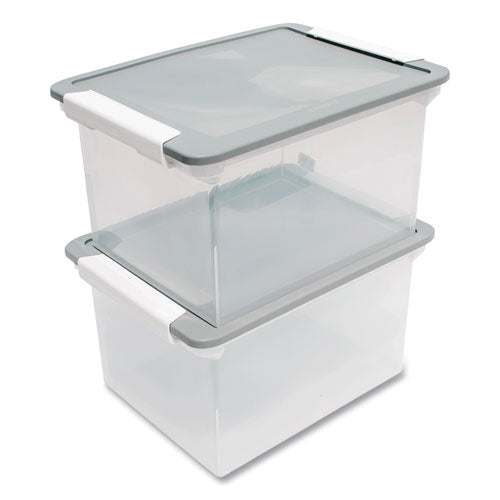 Image of Storex Tote with Locking Handles, Legal/Letter, 13.9" x 18.3" x 10.6", Clear/Silver, 4/Carton