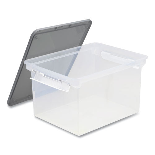 Image of Storex Tote with Locking Handles, Legal/Letter, 13.9" x 18.3" x 10.6", Clear/Silver, 4/Carton