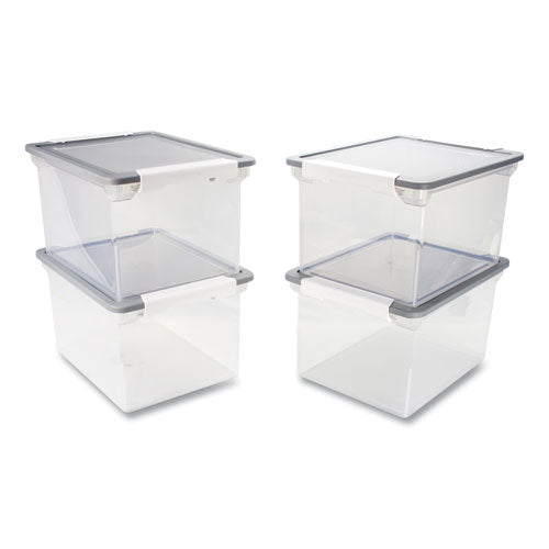 Image of Storex Tote with Locking Handles, Legal/Letter, 13.9" x 18.3" x 10.6", Clear/Silver, 4/Carton