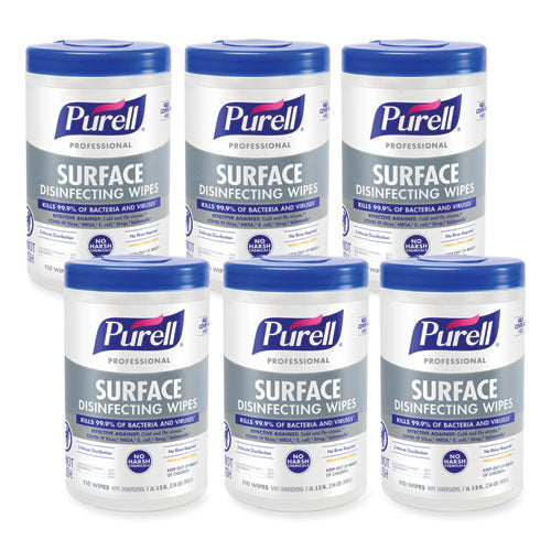 Image of PURELL® Professional Surface Disinfecting Wipes, 1-Ply, 7 x 8, Fresh Citrus, White, 110/Canister, 6 Canisters/Carton
