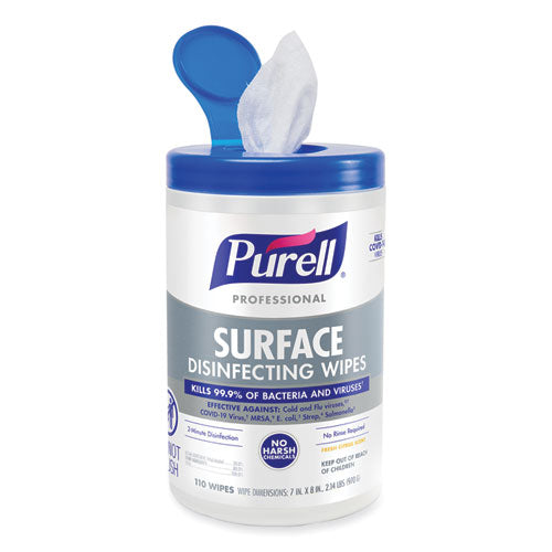 Image of PURELL® Professional Surface Disinfecting Wipes, 1-Ply, 7 x 8, Fresh Citrus, White, 110/Canister, 6 Canisters/Carton
