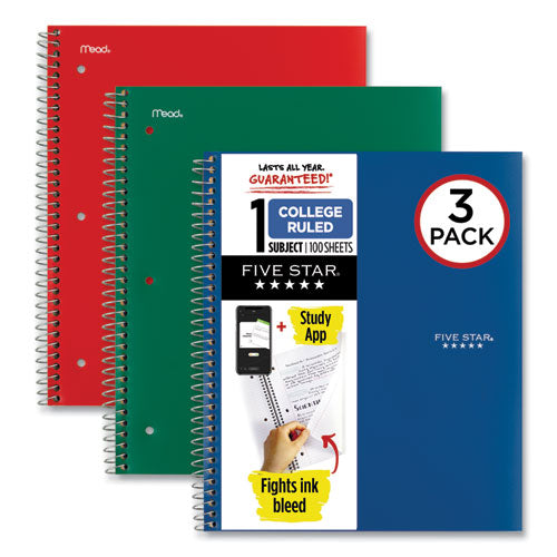 Image of Five Star® Wirebound Notebook, 1-Subject, Medium/College Rule, Assorted Cover Colors, (100) 11 x 8.5 Sheets, 3/Pack