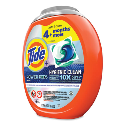 Image of Tide® Hygienic Clean Heavy 10x Duty Power Pods, HE Compatible, Original Scent, 76 oz Tub, 45 Pods, 4/Carton