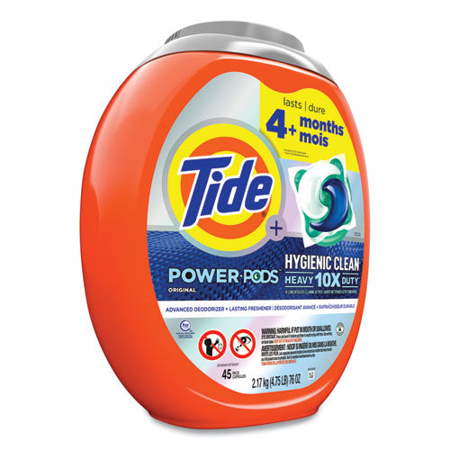 Image of Tide® Hygienic Clean Heavy 10x Duty Power Pods, HE Compatible, Original Scent, 76 oz Tub, 45 Pods, 4/Carton