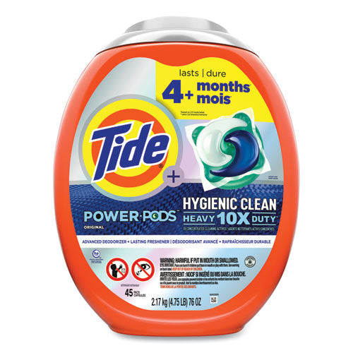 Image of Tide® Hygienic Clean Heavy 10x Duty Power Pods, HE Compatible, Original Scent, 76 oz Tub, 45 Pods, 4/Carton