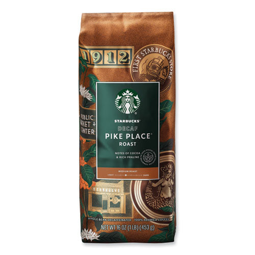 Image of Starbucks® Whole Bean Coffee, Decaffeinated, Pike Place, 1 lb, Bag, 6/Carton