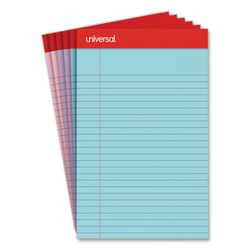 Image of Universal® Perforated Ruled Writing Pads, Narrow Rule, Red Headband, 50 Assorted Pastels 5 x 8 Sheets, 6/Pack