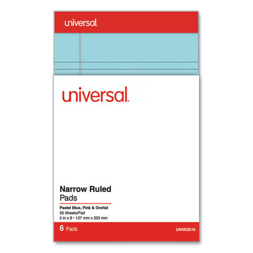 Image of Universal® Perforated Ruled Writing Pads, Narrow Rule, Red Headband, 50 Assorted Pastels 5 x 8 Sheets, 6/Pack