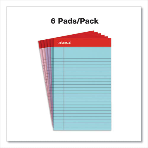 Image of Universal® Perforated Ruled Writing Pads, Narrow Rule, Red Headband, 50 Assorted Pastels 5 x 8 Sheets, 6/Pack