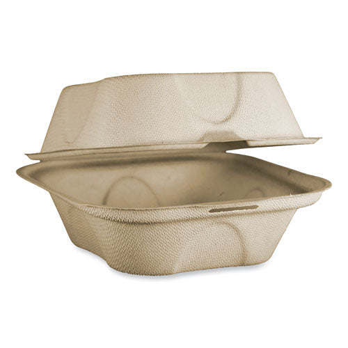 Image of World Centric® Fiber Hinged Containers, Burger Box, 6.5 x 6 x 3.2, Natural, Paper, 500/Carton