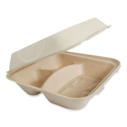 Image of World Centric® Fiber Hinged Containers, 3-Compartment, 9.3 x 9 x 3.3, Natural, Paper, 300/Carton