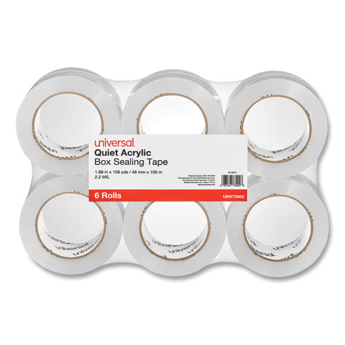 Image of Universal® Quiet Tape Box Sealing Tape, 3" Core, 1.88" x 109 yds, Clear, 6/Pack