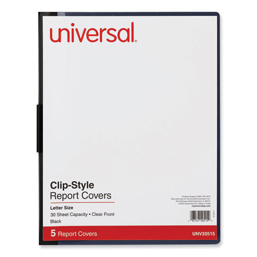 Image of Universal® Clip-Style Report Cover, Clip Fastener, 8.5 X 11, Clear/black, 5/pack
