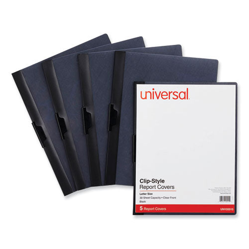 Image of Universal® Clip-Style Report Cover, Clip Fastener, 8.5 X 11, Clear/black, 5/pack