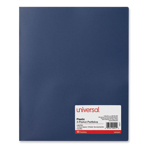 Image of Universal® Two-Pocket Plastic Folders, 100-Sheet Capacity, 11 X 8.5, Navy Blue, 10/pack