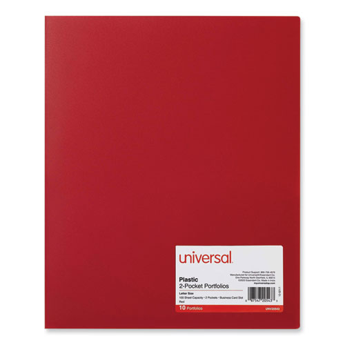 Image of Universal® Two-Pocket Plastic Folders, 100-Sheet Capacity, 11 X 8.5, Red, 10/pack