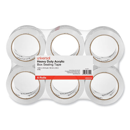 Image of Universal® Heavy-Duty Acrylic Box Sealing Tape, 3" Core, 1.88" X 54.6 Yds, Clear, 6/pack