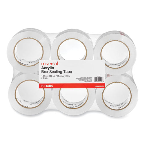 Image of Universal® Deluxe General-Purpose Acrylic Box Sealing Tape, 2 mil, 3" Core, 1.88" x 109 yds, Clear, 6/Pack
