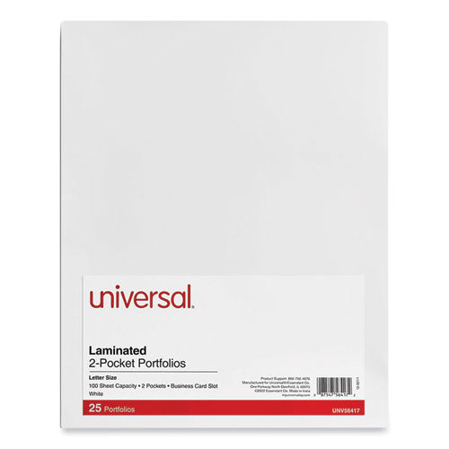 Image of Universal® Laminated Two-Pocket Portfolios, Cardboard Paper, 100-Sheet Capacity, 11 X 8.5, White, 25/box