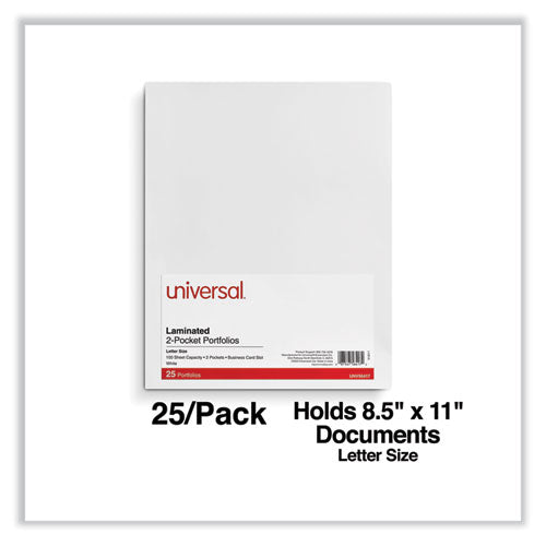 Image of Universal® Laminated Two-Pocket Portfolios, Cardboard Paper, 100-Sheet Capacity, 11 X 8.5, White, 25/box