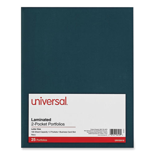 Image of Universal® Laminated Two-Pocket Folder, Cardboard Paper, 100-Sheet Capacity, 11 X 8.5, Navy, 25/box
