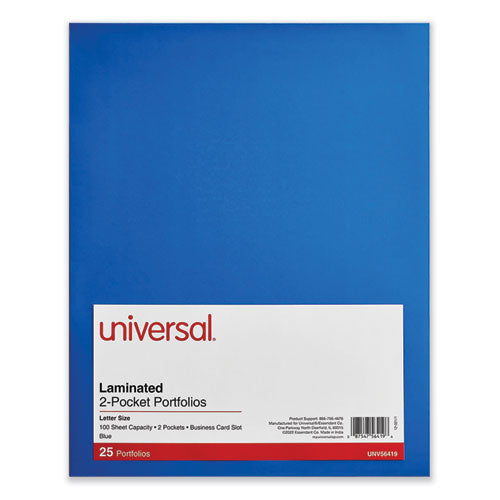 Image of Universal® Laminated Two-Pocket Folder, Cardboard Paper, 100-Sheet Capacity, 11 X 8.5, Blue, 25/box