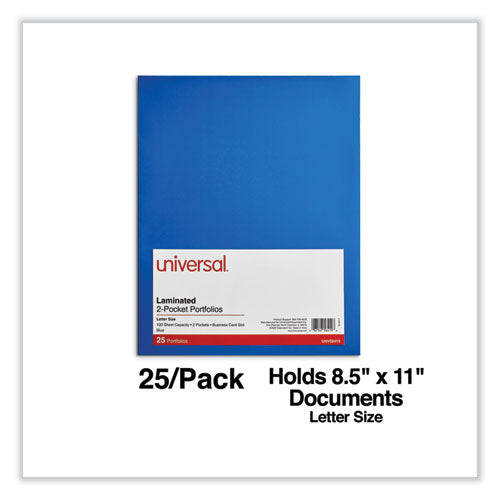Image of Universal® Laminated Two-Pocket Folder, Cardboard Paper, 100-Sheet Capacity, 11 X 8.5, Blue, 25/box