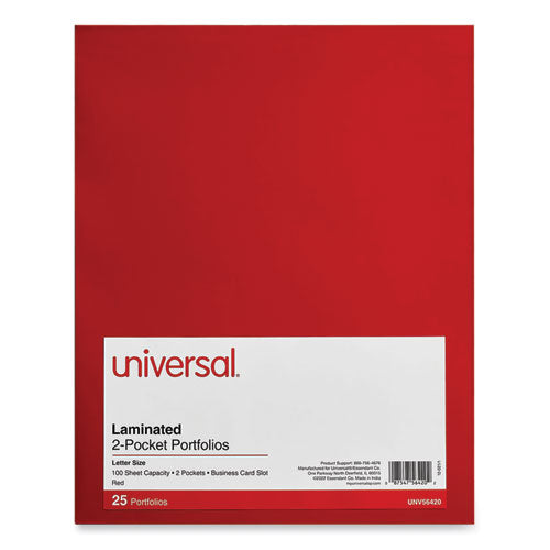 Image of Universal® Laminated Two-Pocket Folder, Cardboard Paper, 100-Sheet Capacity, 11 X 8.5, Red, 25/box