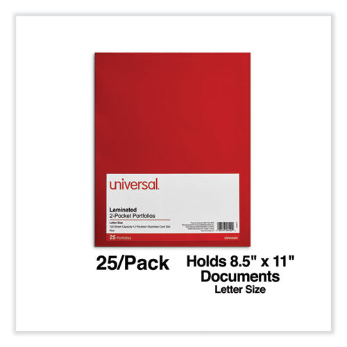 Image of Universal® Laminated Two-Pocket Folder, Cardboard Paper, 100-Sheet Capacity, 11 X 8.5, Red, 25/box