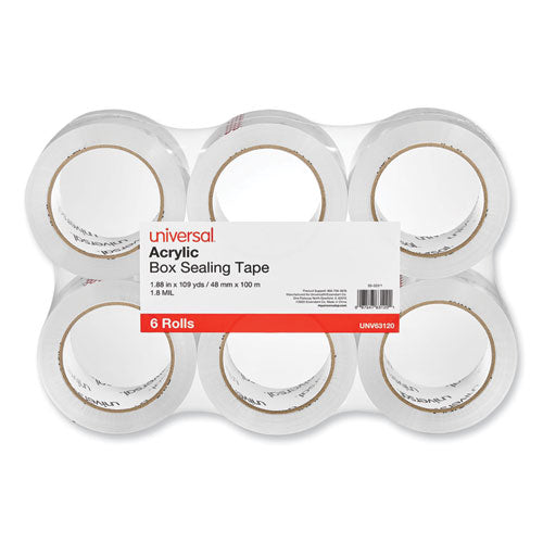Image of Universal® Deluxe General-Purpose Acrylic Box Sealing Tape, 1.7 mil, 3" Core, 1.88" x 109 yds, Clear, 6/Pack