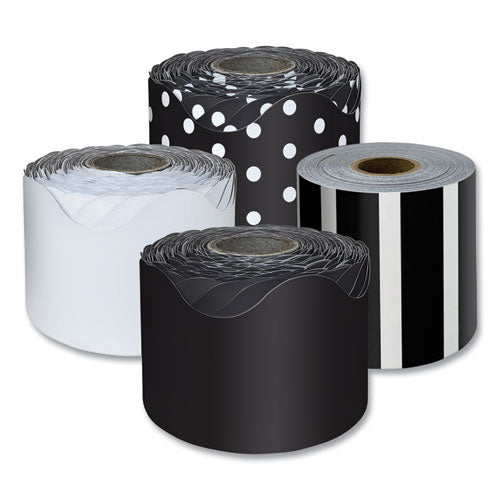 Image of Carson-Dellosa Education Rolled Scalloped Border Set, (2) Solid Colors, (1) Horizontal Stripes, (1) Polka Dots, 2.25" x 65 ft, Assorted Colors, 4/Set