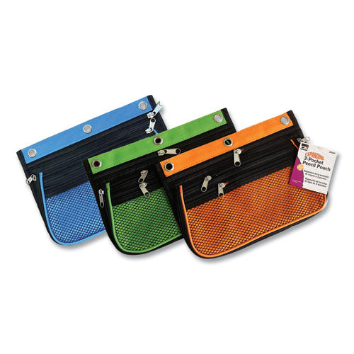 Image of Charles Leonard® Three-Pocket Binder-Insertable Expandable Pencil Pouch, 3 Compartments, 3-Hole Punched, 10.25" x 7.5", Assorted, 3/Pack
