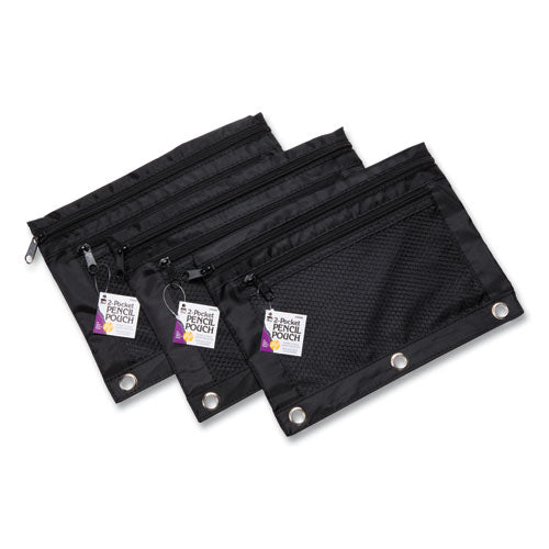 Image of Charles Leonard® Two-Pocket Binder-Insertable Pencil Pouch with Mesh Front, 2 Compartments, 3-Hole Punched, 11" x 9", Black, 6/Pack