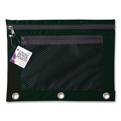 Image of Charles Leonard® Two-Pocket Binder-Insertable Pencil Pouch with Mesh Front, 2 Compartments, 3-Hole Punched, 11" x 9", Black, 6/Pack
