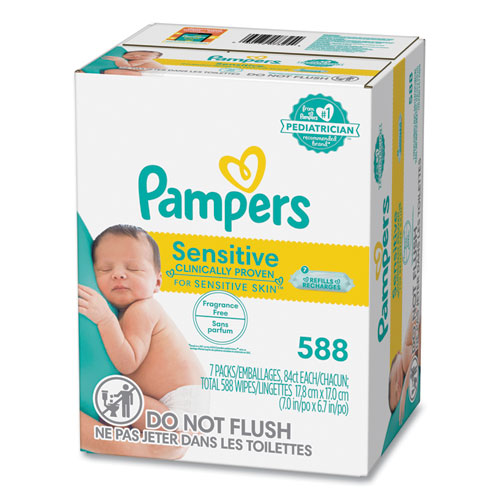 Image of Pampers® Sensitive Baby Wipes, 1-Ply, 6.7 x 7, Unscented, White, 84/Pack, 7/Carton