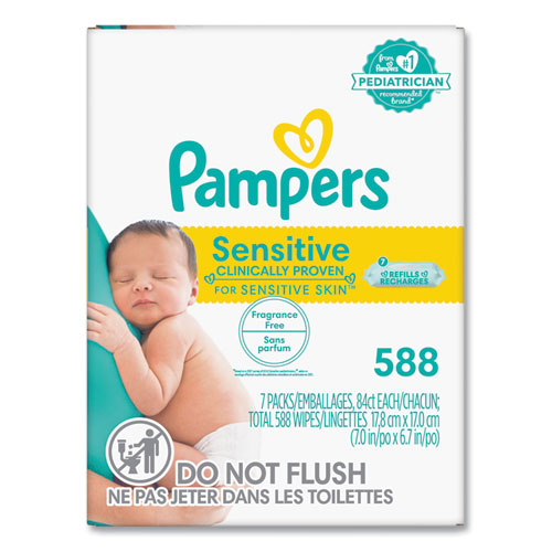 Image of Pampers® Sensitive Baby Wipes, 1-Ply, 6.7 x 7, Unscented, White, 84/Pack, 7/Carton