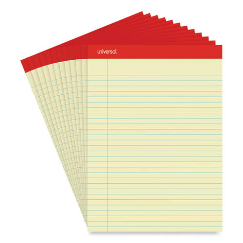 Image of Universal® Perforated Ruled Writing Pads, Wide/legal Rule, Red Headband, 50 Canary-Yellow 8.5 X 11.75 Sheets, Dozen