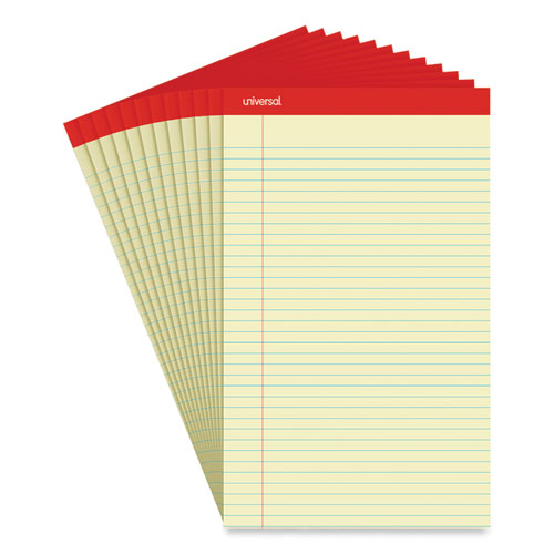 Image of Universal® Perforated Ruled Writing Pads, Wide/legal Rule, Red Headband, 50 Canary-Yellow 8.5 X 14 Sheets, Dozen