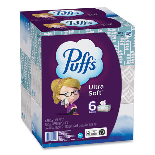 Image of Puffs® Ultra Soft Facial Tissue, 2-Ply, White, 124 Sheets/Box, 6 Boxes/Pack, 4 Packs/Carton
