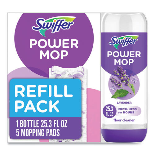 Image of Swiffer® PowerMop Cleaning Solution and Pads Refill Pack, Lavender, 25.3 oz Bottle and 5 Pads per Pack, 4 Packs/Carton